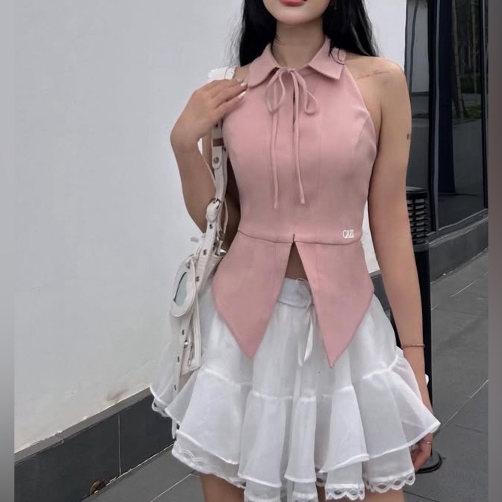 CAZI Pink Sleeveless Halter Neck Collared Top SMALL